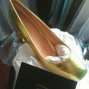 Gold Metallic Crinckled Leather Stack Heel